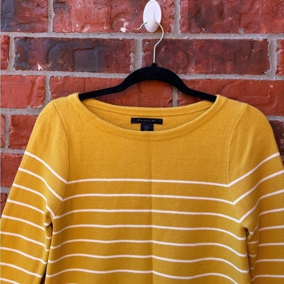 Tahari Womens Small Mustard Yellow Stripe Cuff Rolled Sleeve Sweater - Picture 2 of 9